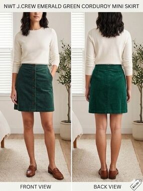 NWT J.Crew Green Corduroy Button Front Mini Skirt Size 12